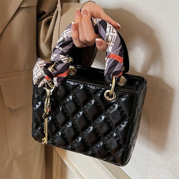 Black Vintage Women's Diamond Grid Crossbody Handbag - Picture 4 of 8